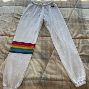 Aviator Nation White Terry Joggers with Rainbow Stripes on Leg